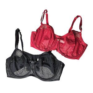 Lot of 2 Cacique Bras 44DDD Underwire Unlined Balconette Black Red Lace Mesh LB